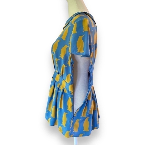 Charlotte By Charlotte Taylor Blue & Yellow Penguin Print Silk Blouse | Size 4 - Picture 5 of 14